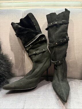 Cesare Paciotti Black Suede tall Pointed Stiletto Boots